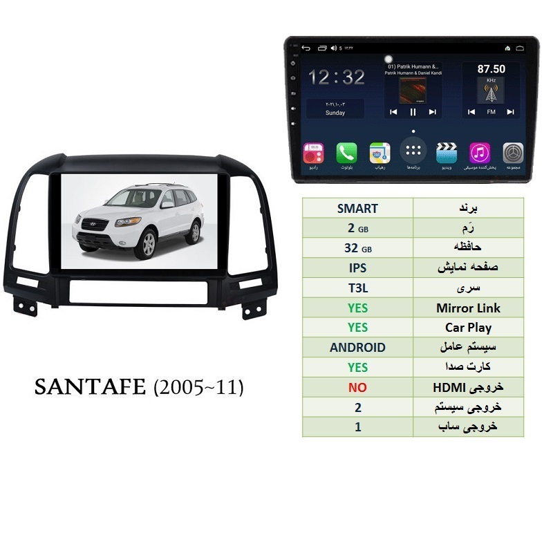 alt=مانیتور اندروید سانتافه 2005 تا 2012 مدل SMART رم 2GB حافظه 32GB